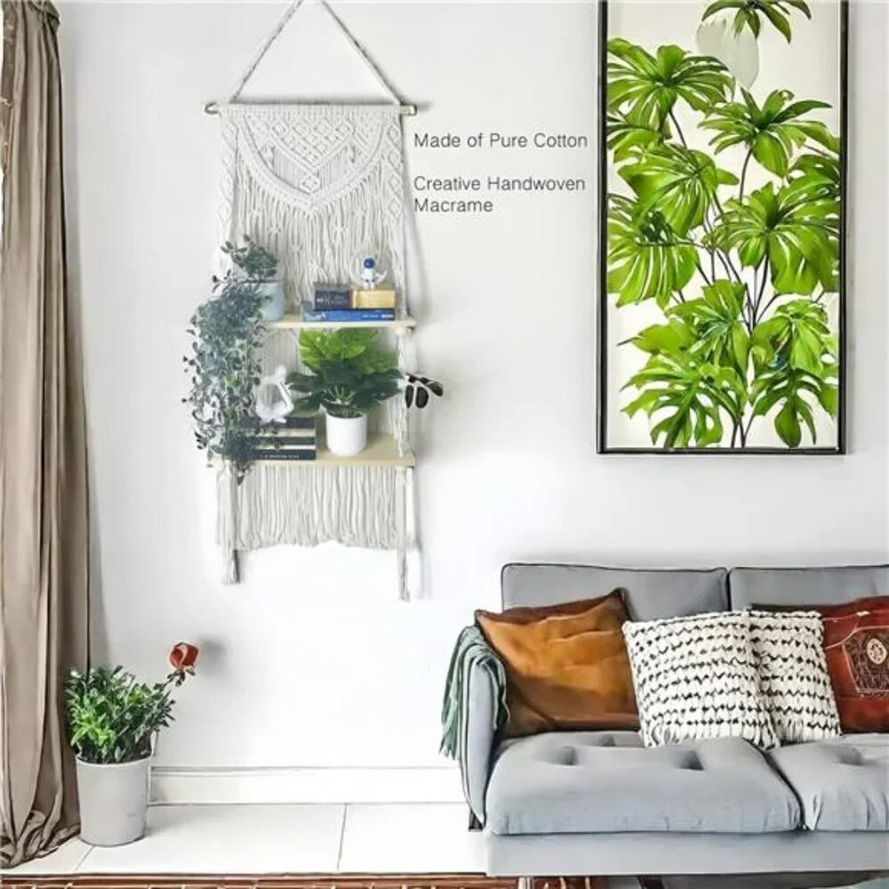 Macrame Wall Hanging Shelf 2 Tier Boho Floating Shelf Organizer for Plants
